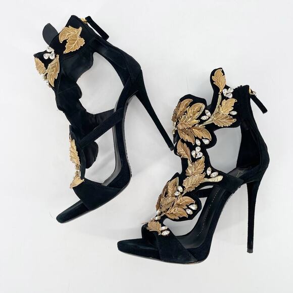 Giuseppe Zanotti Coline Black Suede Gold Leaf Crystal Heel Sandals size IT 37.5 - Picture 4 of 13